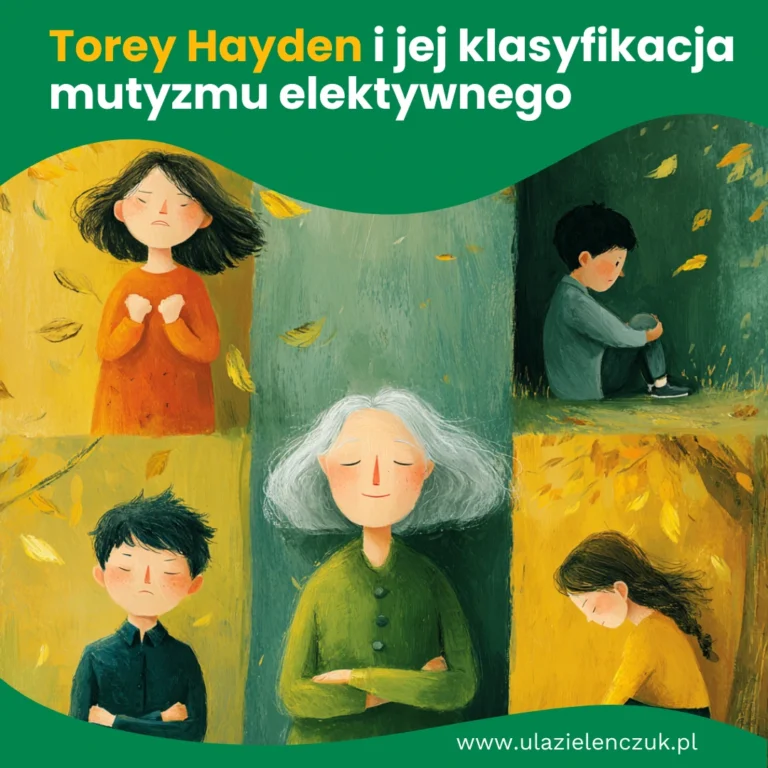 Grafika tytułowa artykułu: Torey Hayden i jej klasyfikacja mutyzmu elektywnego (mutyzmu wybiórczego). Ilustracja przedstawia nauczycielkę i czworo dzieci w różnym nastroju.